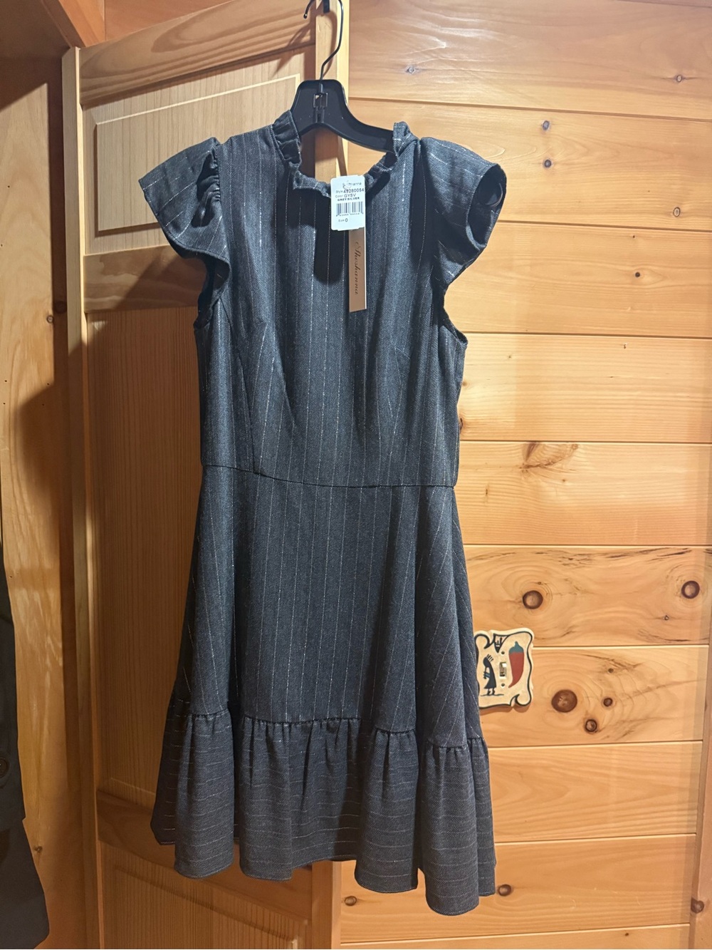 Shoshanna Charcoal Pinstripe Ruffle-Shoulder Dress